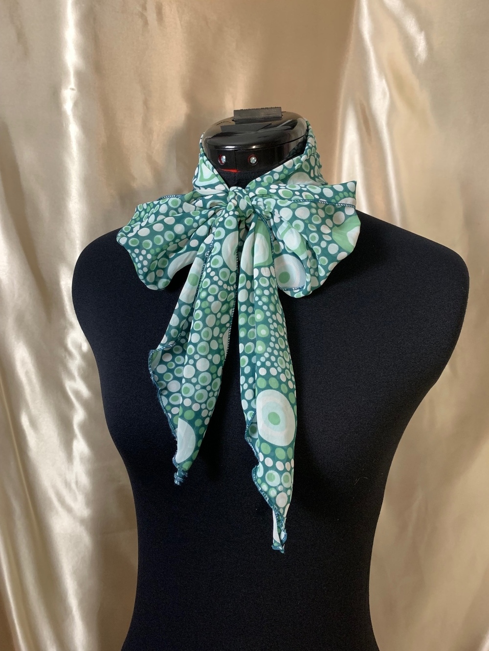 Retro Mod Green White Chiffon Skinny Scarf Psychedelic Geometric Polka Dot